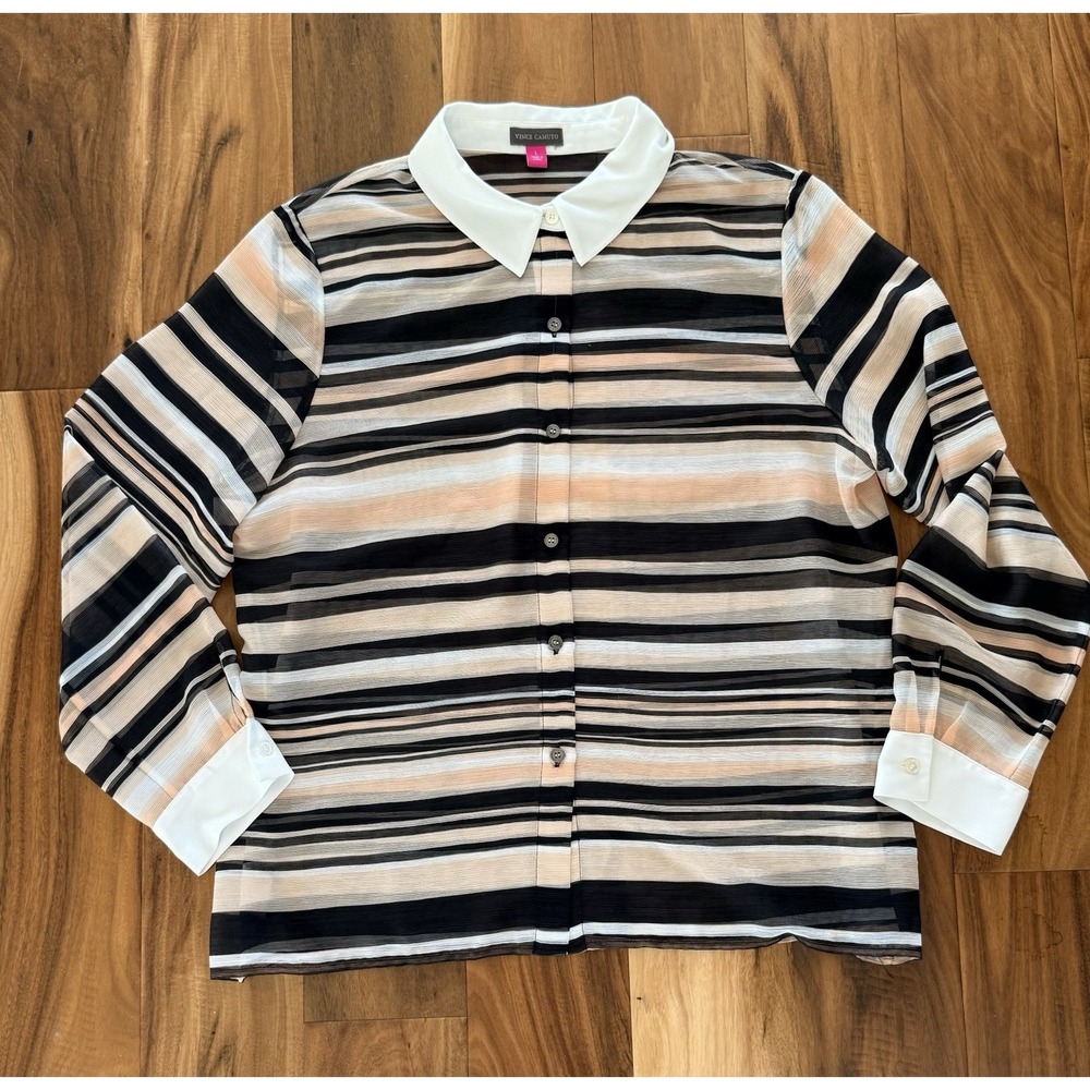 Vince Camuto‎ Sheer Striped Button Down Work Top Large